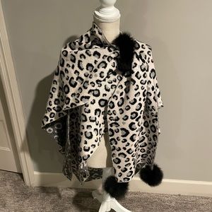 Mitchie’s matching wrap.  Leopard print Real Fox Fur poms and wool wrap. NWT